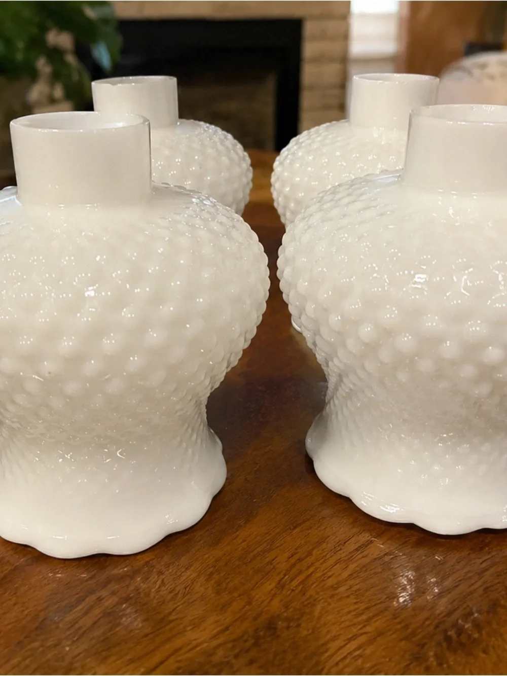 Set of 4 Vintage White Milk Glass Hobnail Lamp Shades Globes Scalloped Rim
